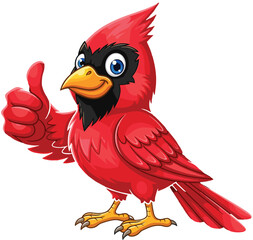 Cartoon cardinal bird thumbs up, red feathers, cheerful character, cute animal mascot, positive gesture, vector clipart, flat vector illustration