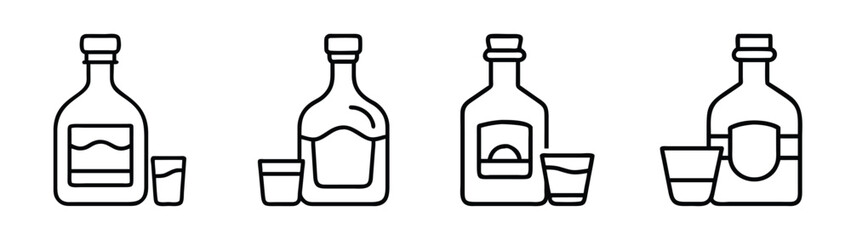 Minimalist line art icons of liquor bottles and shot glasses for bar menus and apps Vector