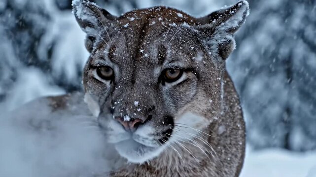 Close-up Portrait of a Majestic Mountain Lion Covered in Snow in a Winter Forest with Soft Falling Snowflakes and Blurry Evergreen Trees in the Background Creating a Serene and Wild Atmosphere