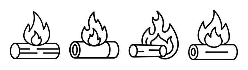 Simple line art illustration showing four variations of a burning campfire icon Vector © IsratJahan