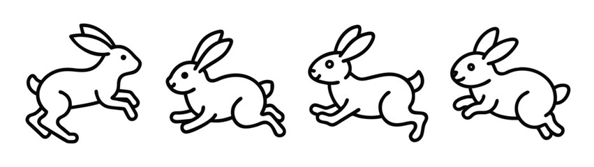 A simple line art illustration depicting four rabbits running or hopping in a sequence Vector