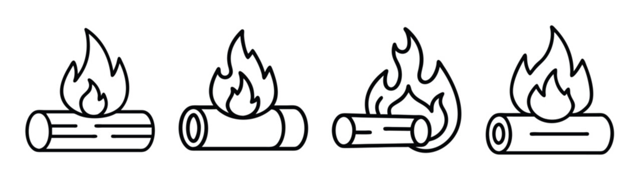 Simple line art illustration showing four variations of a burning campfire icon Vector