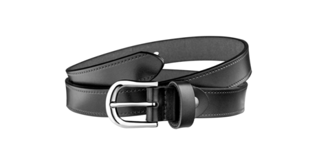 Horizontal close-up of a black leather belt showing texture, stitching, and metal buckle. Ideal for backgrounds, mockups, and design templates.