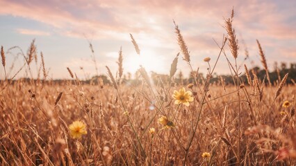 Fototapeta premium Golden field of tall grass and yellow wildflowers at sunset with the sun shining through.
