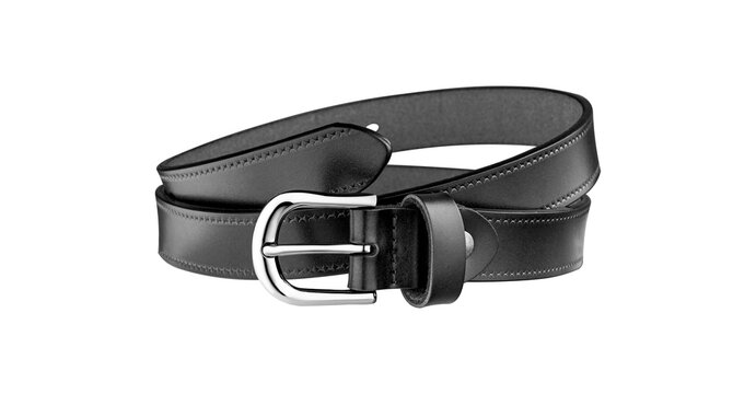Horizontal close-up of a black leather belt showing texture, stitching, and metal buckle. Ideal for backgrounds, mockups, and design templates.