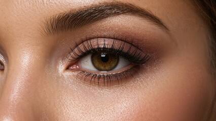 Close-up of a woman's eye with detailed makeup and well-groomed eyebrows.