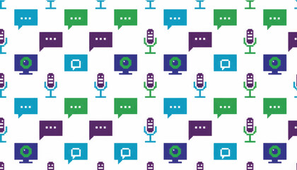 Streamer gaming pixel art seamless pattern. Retro 8-bit video game background with microphones, chat bubbles and monitors. Vector illustration of online broadcasting icons