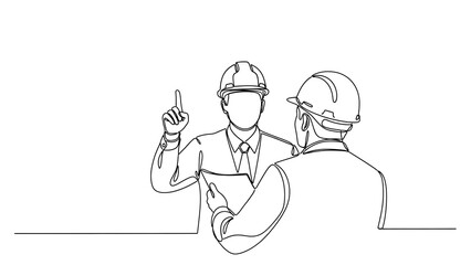 Two engineers are engaged in a serious discussion, likely analyzing plans or discussing project details