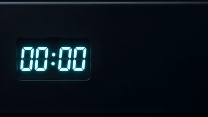 "Extreme Close-Up of LED Countdown Display 00:00 with Glowing Cyan Digits on Matte Black Background"