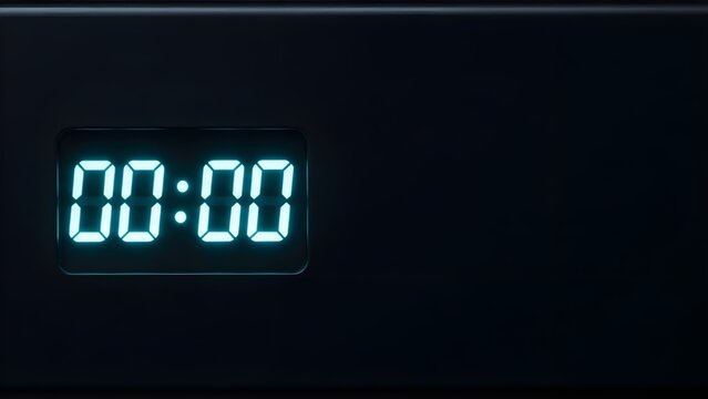 "Extreme Close-Up of LED Countdown Display 00:00 with Glowing Cyan Digits on Matte Black Background" - Powered by Adobe