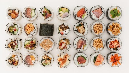 A variety of sushi rolls with different ingredients and toppings arranged on a white surface.
