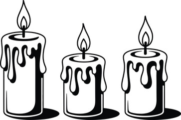 Three lit candles with melting wax on a white background