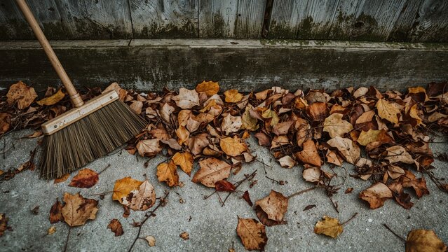 Leaves on the ground near a broom and a wooden fence, captured in 1934.