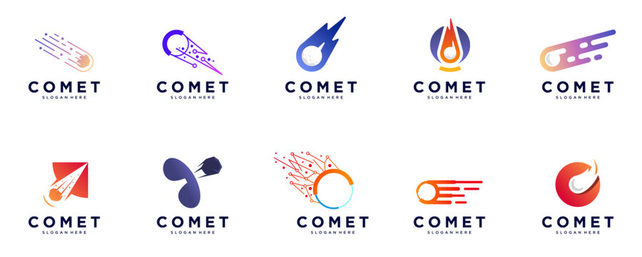collection of comet logos, outer space objects, science, education, observation, graphic design templates.