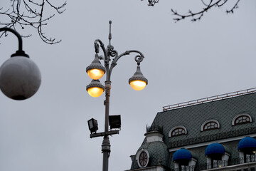 Quiet evening glow of street lamps in an urban landscape