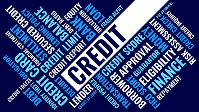 Credit word cloud animation for finance reporting and credit evaluation. Credit animated word cloud. Credit animation text kinetic typography seamless loop.