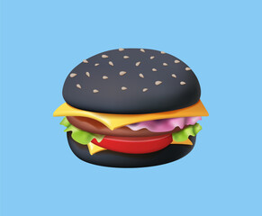 Delicious black burger with contrasting ingredients creating a visually appealing culinary experience. Fast food 3D