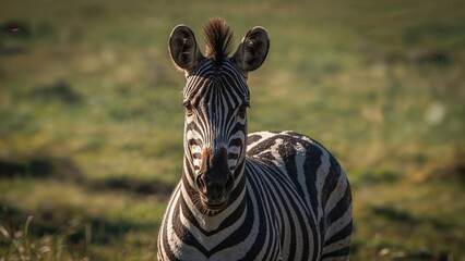 Obraz premium A young zebra with black and white stripes standing in a grassy savannah landscape.