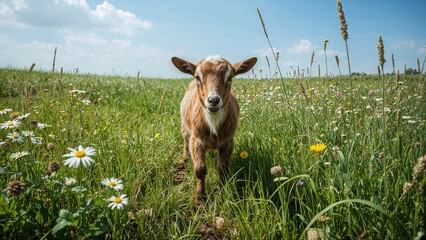 A young goat standing in a lush, green meadow filled with white and yellow flowers under a bright blue sky.