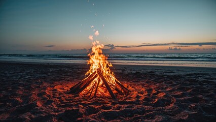 A campfire burning on the beach during sunset or sunrise.