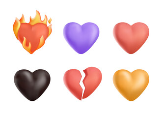 Set of hearts and shapes 3D vector graphic on white background. Heart in fire, red, broken heart. Collection of emojis
