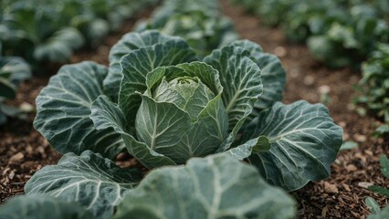 Naklejka premium Young cabbage plant growing in soil, farm agriculture, leafy green vegetable, natural outdoor environment.