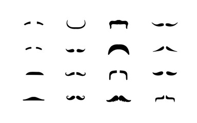 Different styles of moustaches, creative clipart in black silhouettes. Facial hair styling for men