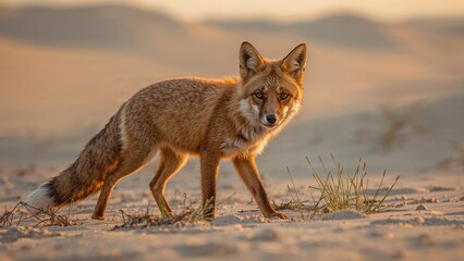 Naklejka premium A fox in the desert landscape with dunes and sparse vegetation. Wildlife and nature concept. Animals and habitat. The idea of wilderness and natural environment.
