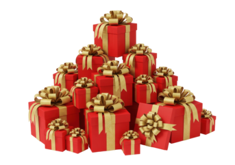 A large pile of red gift boxes wrapped with glittering golden ribbons and big bows