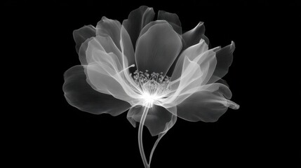 Delicate x-ray floral illustration revealing translucent petals and botanical structure on a dark background