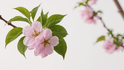Cherry blossoms on a tree branch with green leaves. Spring flowering plant, natural botanical scene. Pink flowers and foliage.