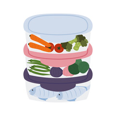 Healthy food. Food containers organized with vegetables and fish, healthy meal prep. 