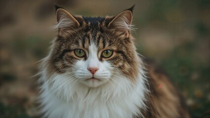 Obraz premium Close-up of a cat's face with alert green eyes, fur pattern, and background blurred. A domestic feline portrait emphasizing facial features and coat details.