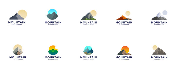 collection of mountain rock logos, symbols of natural beauty, vacation destinations, adventure, graphic design templates.