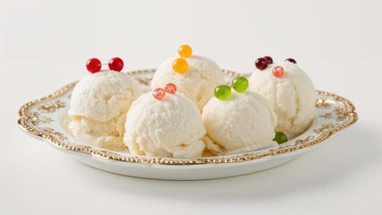 Plate with white, round desserts garnished with colorful berries arranged on an elegant decorative plate