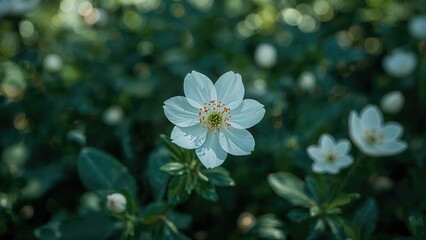 Fototapeta premium A single white flower on a green leafy background, with other flowers blurred in the distance.