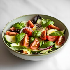 Fresh tomato and cucumber salad with basil leaves in a bowl