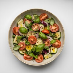 Fresh tomato and cucumber salad with basil leaves in a bowl