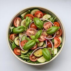 Fresh tomato and cucumber salad with basil leaves in a bowl