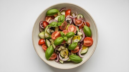 Fresh tomato and cucumber salad with basil leaves in a bowl