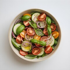 Fresh tomato and cucumber salad with basil leaves in a bowl