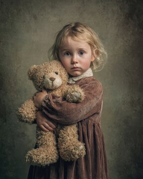 toddler with teddy bear, sweet emotional portrait