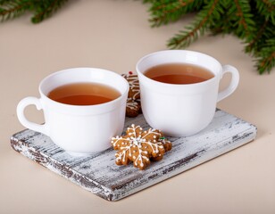 Plateau avec tasses de th&eacute; et biscuits traditionnels de No&euml;l. Generated Image. 