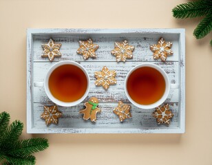 Plateau avec tasses de th&eacute; et biscuits traditionnels de No&euml;l. Generated Image. 