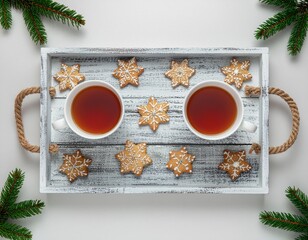 Plateau avec tasses de th&eacute; et biscuits traditionnels de No&euml;l. Generated Image. 