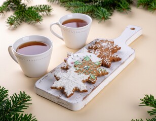 Plateau avec tasses de th&eacute; et biscuits traditionnels de No&euml;l. Generated Image. 