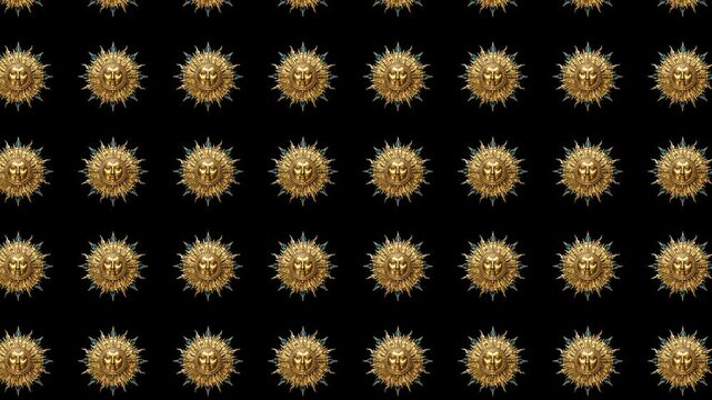 Seamless looping pattern of detailed golden circular ornaments resembling suns, video background.