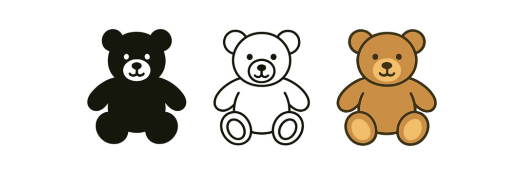 teddy bear icons three teddy bear icons one flat solid monochrome one thin black outline black and white one full color flat icon warm brown