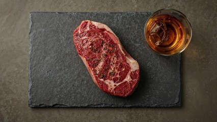 Raw steak and a glass of whiskey on slate surface