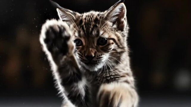 Close-up Portrait of a Young Bobcat Cub With Tufted Ears and Expressive Eyes Standing on Hind Legs in a Dark Environment With Soft Bokeh Background and Fine Water Droplets on its Fur
